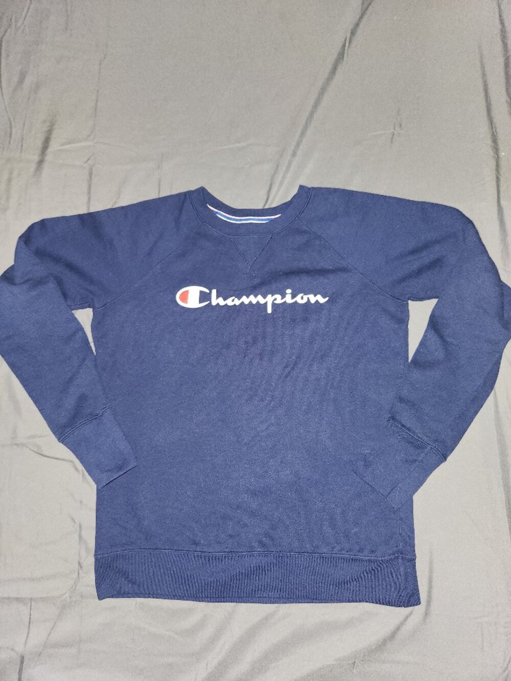 Champion Mens S Navy Blue Raglan Crewneck Sweatshirt Script Logo Pullover FTX
